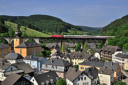 DB train passing Trogenbach viaduct