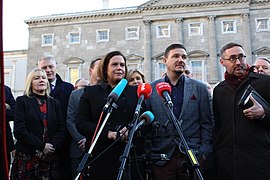 Mark Ward TD addresses the media on his first official day as a TD for Dublin Mid-West (49163603517).jpg