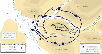 Carte schématique du siège d'Alésia établie à partir des fouilles françaises et franco-allemandes (1991-1997).