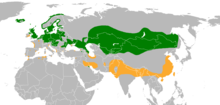 Zeleno: območje gnezdenja, oranžno: območje brez gnezditve, rdeče: tujerodna vrsta