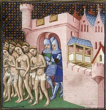 Vertreibung der Katharer aus Carcassonne (mittelalterliche Miniatur)