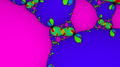 Newton fractal for a 7th order polynomial, colored by root reached and shaded by rate of convergence.