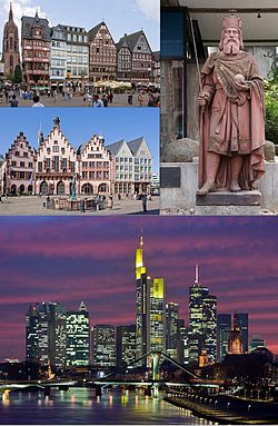 Kolaž Frankfurta, u smjeru kazaljke na satu sa vrha lijevo ka desno: pročelje Römera i Frankfurtske katedrale, kip Karla Velikog u Histroijskom muzeju Frankfurta, pogled na centar Frankfurta i rijeku Majnu