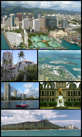 Clockwise: Aerial view of Downtown Honolulu, Pearl Harbor right outside the city, statue of King Kamehameha I in downtown, Diamond Head, waterfront on Waikiki Beach, and Honolulu Hale (City Hall)