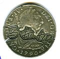 Anverso de moneda de 8 reales (plata) de Carlos IV de 1790 resellada en Malasia.