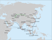 Yishiha's voyages in the context of military and diplomatic activities in the Yongle era of the Ming dynasty. Yishiha's route is in blue, along with those of Zheng He (in black) and Chen Cheng (in green).