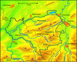 Karte des Naturparks Nagelfluhkette mit dem Hohen Ifen, dem Fluss Breitach, Oberstdorf und dem Riedberger Horn.