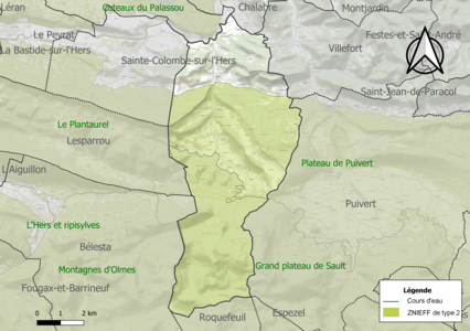 Carte des ZNIEFF de type 2 sur la commune.