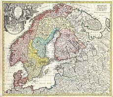 Mapa Homann da Escandinávia, Noruega, Suécia, Dinamarca, Finlândia e Báltico, datado por volta de 1730