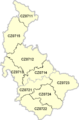 Mapa CZ NUTS2 regionu Střední Morava s dělením na jednotky NUTS3 a LAU 1