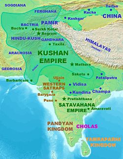 Kushan territories (full line) and maximum extent of Kushan dominions under کنشک (dotted line), according to the Rabatak inscription.[۱]