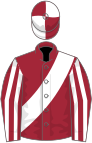 Maroon, white sash, striped sleeves, quartered cap