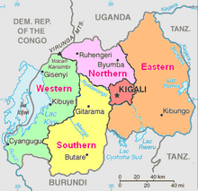 Peta Rwanda némbongkeun 5 propinsina dina rupa-rupa warna, ogé kota utami, dano, walungan, jeung téritori nagara tatangga