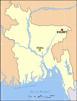 Lokasi Sylhet ti Dhaka di Bangladés