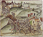 Tegning fra 1513 som viser bruk av hellebarder i kamp under den gamle krigen om Zürich i 1443