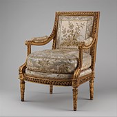 Louis XVI armchair (Fauteuil à la reine); 1780–1785; carved and gilded walnut, and embroidered silk satin; height: 102.2 cm, width: 74.9 cm, depth: 77.8 cm; Metropolitan Museum of Art