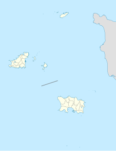Mapa konturowa Wysp Normandzkich, po lewej znajduje się punkt z opisem „miejsce bitwy”