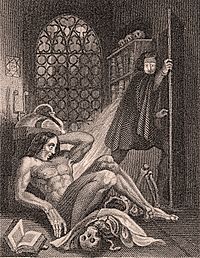 Titelsidan till Frankenstein av Theodor von Holst, en av de första illustrationerna till romanen.