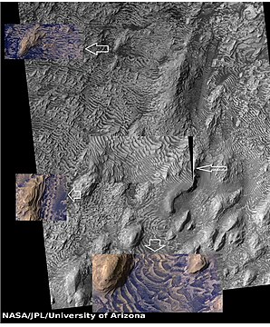 Layers in Danielson Crater with enlargements of some spots (indicated with arrows)