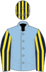 Light blue, dark blue and yellow striped sleeves and striped cap