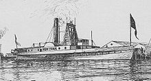El barco de vapor de 1836 Nueva York. Entre las ruedas de paletas se encuentra el motor cuadrado alto o de "bastidor en A", dentro del cual se puede ver el largo vástago del pistón, cerca de la parte superior de su carrera, formando una "T" con la cruceta horizontal