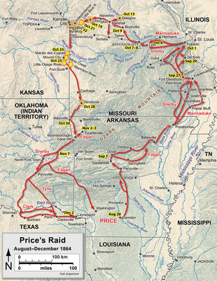 Map showing the movements of Price's army, see accompanying text for description