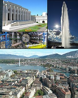 Øvst til venstre:SN-bygningen, Miden venstre: CERN-laboratoriet, Høgre: Jet d'Eau, Botn: Utsyn over Genève og innsjøen.