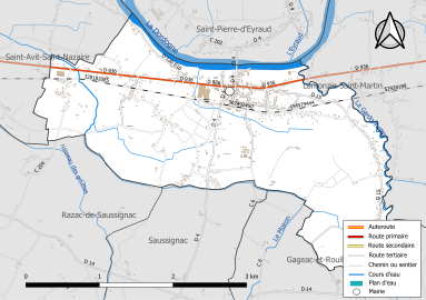 Carte en couleur présentant le réseau hydrographique de la commune