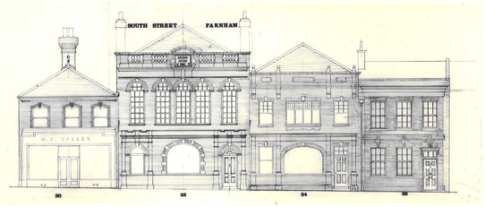 Elevational line drawing of 30-36 South Street, Farnham, Surrey prior to demolition in 1990, by Michael Blower