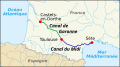 Trajeto do Canal do Midi no sul da França.