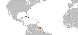 Kaart met daarop Suriname en Cuba