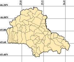 Mapa konturowa okręgu Braszów, blisko centrum na dole znajduje się punkt z opisem „Codlea”