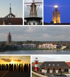 Images from left to right; Tower of the old municipality building, old windmill, tall lighthouse, skyline, beach, Polderhuis museum