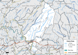 Carte en couleur présentant le réseau hydrographique de la commune