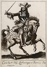 Karl V. Leopold, zu Pferde mit Fell-Satteldecke (1686)