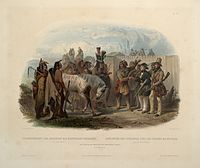 The Travellers Meeting with Minatarre Indians Near Fort Clark. Maximilian is apparently the man in green holding a gun. Aquatint illustration by Karl Bodmer from Maximilian Prince of Wied’s Travels in the Interior of North America, during the years 1832–1834.