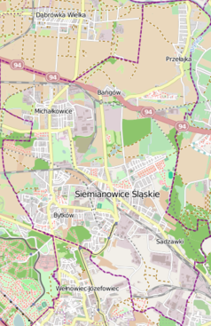 Mapa konturowa Siemianowic Śląskich, blisko centrum na dole znajduje się punkt z opisem „Neu Berlin”