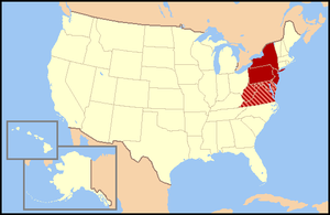 Các tiểu bang màu đỏ hợp thành phân vùng điều tra dân số chính thức trong lúc các tiểu bang khác màu đỏ sọc thường được liệt kê như các tiểu bang Trung-Đại Tây Dương hay các tiểu bang miền Nam.
