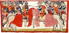 Cavaleiros lutando uns contra os outros, com escudos cada um representando lírios ou uma águia