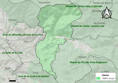 Carte des ZNIEFF de type 1 sur la commune.