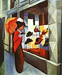 Frau mit Sonnenschirm vor einem Hutladen, Macke