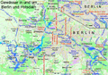 Berliinin kanavia kartalla. Havel kulkee vasemmalla ja Spree oikealla.