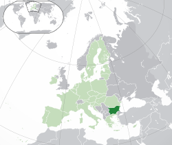 Ibùdó ilẹ̀  Bùlgáríà  (green) – on the European continent  (light green & grey) – in the European Union  (light green)  —  [Legend]