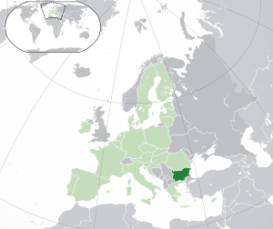 Расположение Болгарии (тёмно-зелёный): — в Европе (светло-зелёный и тёмно-серый) — в Европейском союзе (светло-зелёный)