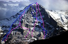 De 1932 a 1969: 1= Vía Lauper 2= Vía Heckmair 3= Directísima Harlin 4= Pilar norte vía polaca 5= Pilar norte vía Messner 6= Directísima japonesa