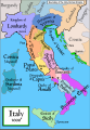 Peninsula Italică în jurul anilor 1000 cu regiuni ale Imperiului Bizantin (în sud).