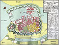 Kort af Joachim Hassing over København 1728 med de brændte bygninger markeret med gult