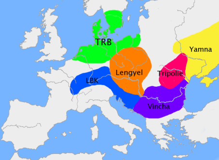 Mapa simplificat de les cultures vers el -3 200 / (verd) Cultura dels vasos d'embut (blau) Cultura de la ceràmica de bandes (taronja) Cultura Lengyel (violeta) cultura de Vinča (rosa) Cultura de Cucuteni (groc) Cultura iamna