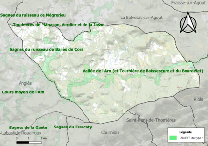 Carte des ZNIEFF de type 1 sur la commune.