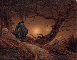 Dos hombres contemplando la luna (Zwei Männer in Betrachtung des Mondes), 1819, 35 cm × 44 cm, óleo sobre lienzo, Dresde, Gemäldegalerie